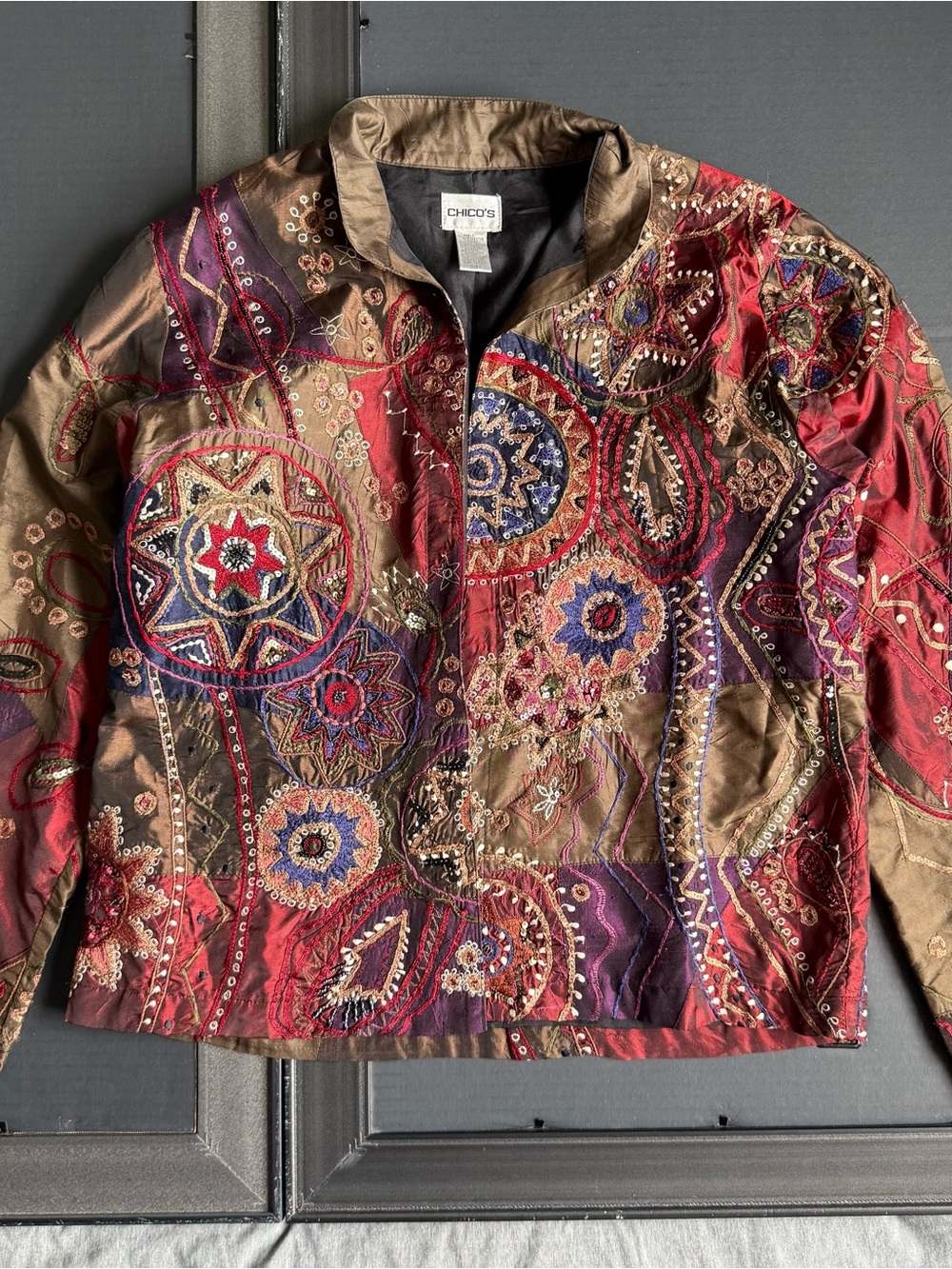 Chico's Embroidered Red & Brown Jacket